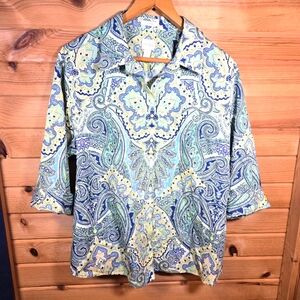 Chico's No Iron Cotton Button Front 3/4 Sleeve Shirt Paisley Blue Womens 3/XL